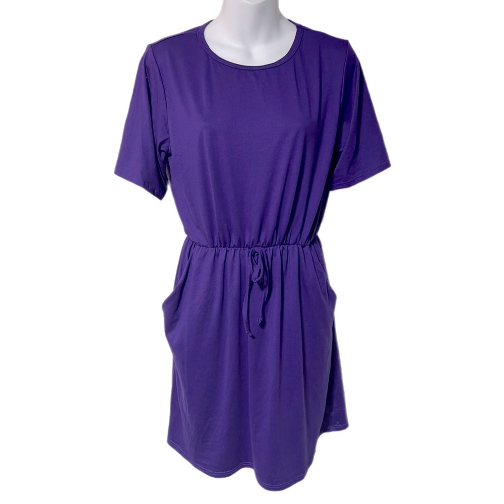 Magic Fit Purple Short Sleeve Pocket Tee Shirt Dress Size Large Soft Jersey Knit